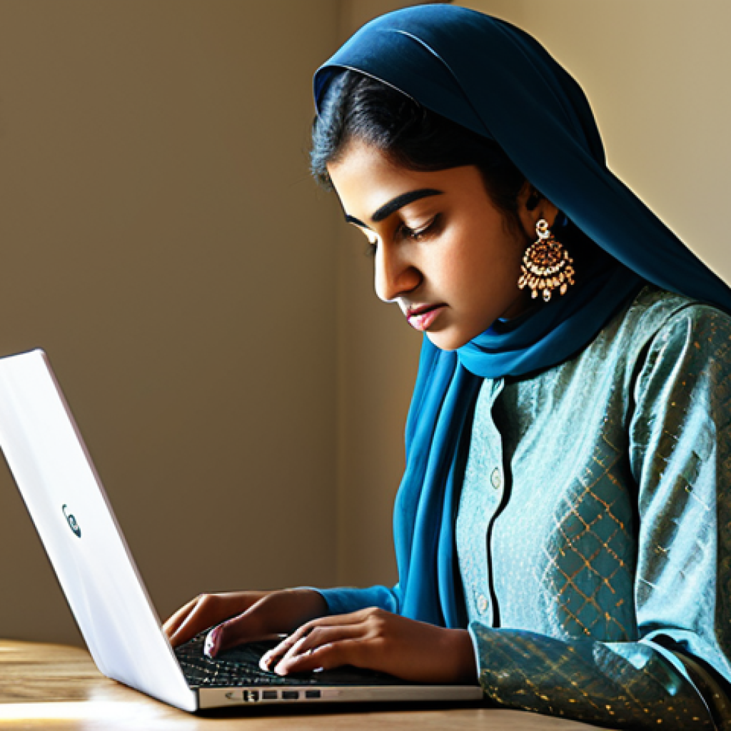 **
"A young woman, fully clothed in a modest salwar kameez, using Google Trends on a laptop in a sunlit study. She is analyzing trending topics. Safe for work, appropriate content, professional, perfect anatomy, natural proportions, well-formed hands, family-friendly scene."
**