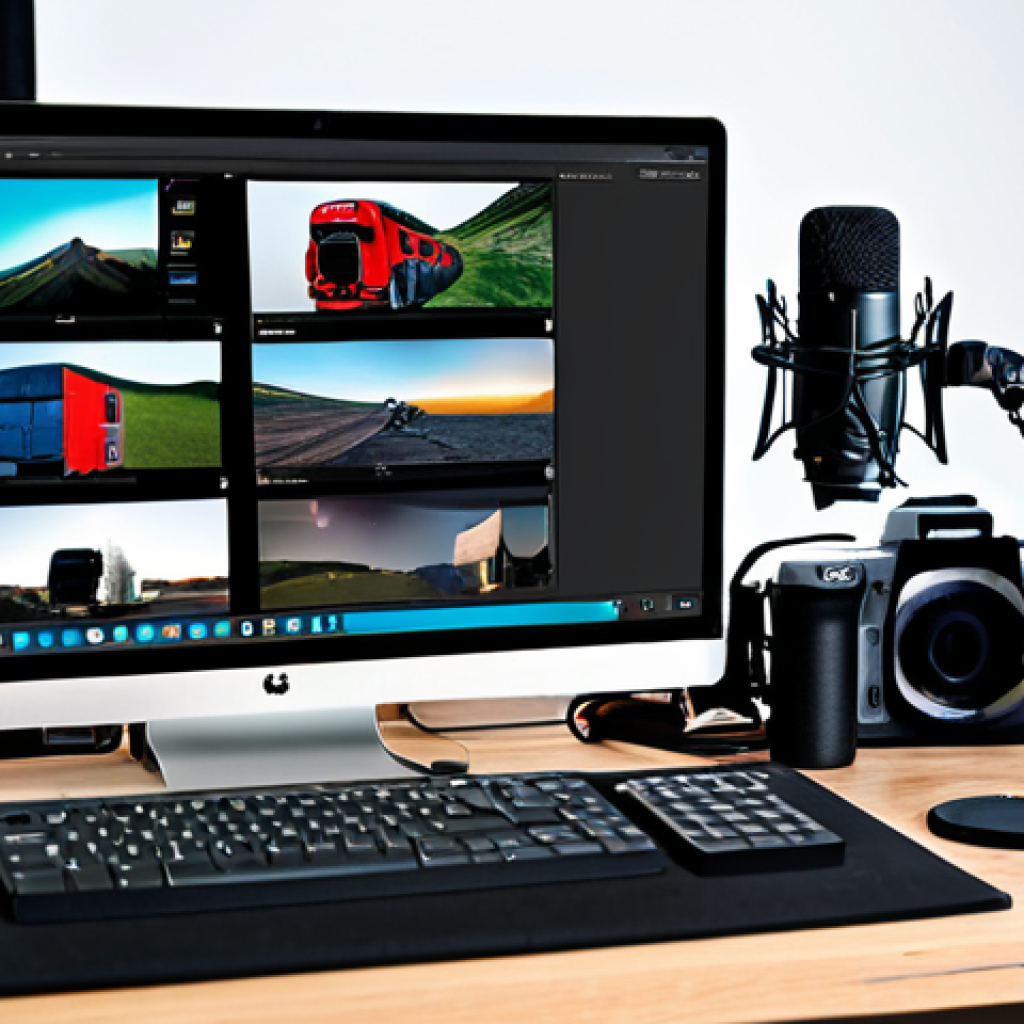 Content Creator Setup**
"A well-organized desk setup for a content creator, featuring a DSLR camera, editing software on a laptop screen, a microphone, and good lighting. The scene is professional and clean, showcasing tools for video and audio production. Fully clothed, appropriate content, safe for work, perfect anatomy, natural proportions, professional."
**
