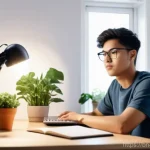 콘텐츠 크리에이터 필수 소프트웨어 목록 - **A young, focused content creator in a modern home studio.** A diverse, casually dressed male or fe...