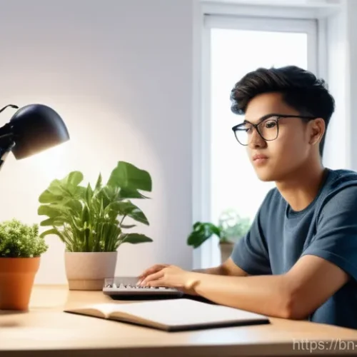 Home 16 콘텐츠 크리에이터 필수 소프트웨어 목록 - **A young, focused content creator in a modern home studio.** A diverse, casually dressed male or fe...