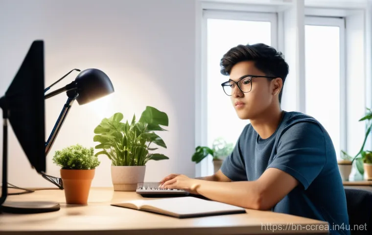 콘텐츠 크리에이터 필수 소프트웨어 목록 - **A young, focused content creator in a modern home studio.** A diverse, casually dressed male or fe...